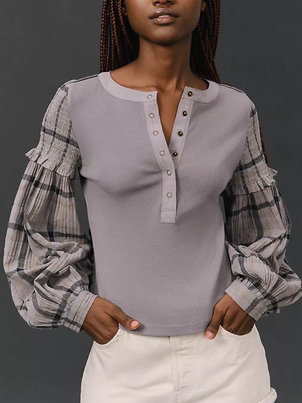 Pilcro‎ Anthropologie The Andie Ribbed Henley Top Balloon-SleeveTop Small